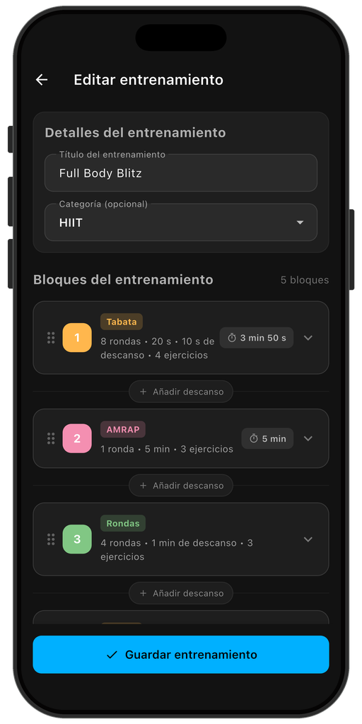Editor de entrenamientos de Pacelab Intervals con bloques Tabata, AMRAP y EMOM