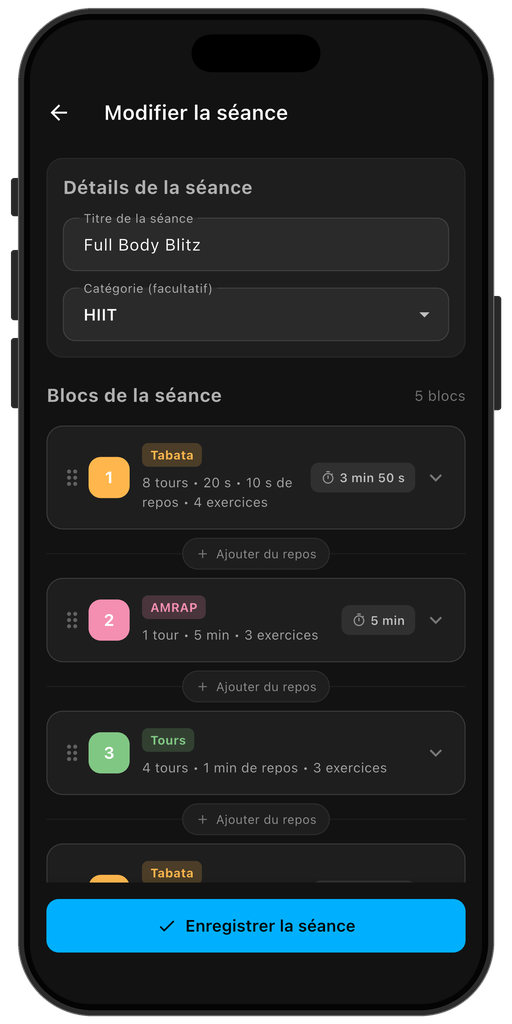 Éditeur de séances Pacelab Intervals avec des blocs Tabata, AMRAP et EMOM
