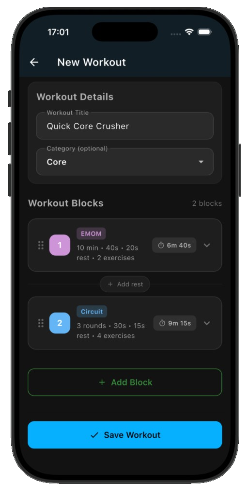 Pacelab Intervals workout builder showing Tabata, AMRAP and EMOM blocks